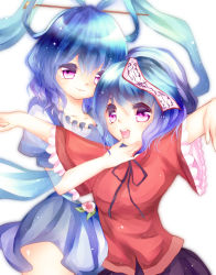 Rule 34 | 2girls, blue dress, blue hair, dress, female focus, flower, hair ornament, hair rings, hair stick, hand on another&#039;s face, hat, kaku seiga, leaf, light particles, light smile, lips, looking at viewer, miyako yoshika, multiple girls, ofuda, open mouth, outstretched arms, pink flower, pink rose, purple eyes, ribbon, rose, shawl, shirt, short hair, short sleeves, simple background, skirt, spread arms, touhou, white background, yuyu haruko