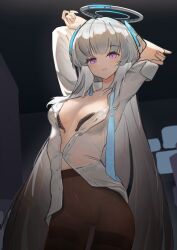 Rule 34 | 1girl, absurdres, andersonalac, arms up, blue archive, blue necktie, breasts, collared shirt, headphones, highres, large breasts, light smile, long hair, long sleeves, looking at viewer, necktie, noa (blue archive), open clothes, open mouth, open shirt, pantyhose, partially unbuttoned, purple eyes, shirt, sidelocks, solo, very long hair, white hair, white shirt
