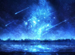 Rule 34 | blue sky, blue theme, czy (2894456992), lake, night, night sky, no humans, original, outdoors, railing, reflection, scenery, shooting star, sky, space, star (sky), starry sky, tree