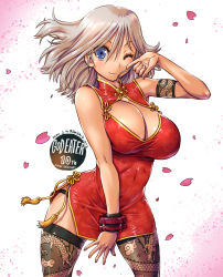 Rule 34 | 1girl, alisa ilinichina amiella, amania orz, blue eyes, blush, breasts, china dress, chinese clothes, cleavage, cleavage cutout, clothing cutout, covered navel, dress, god eater, large breasts, looking at viewer, one eye closed, petals, red dress, sleeveless, sleeveless dress, smile, solo, thighhighs