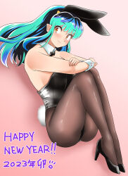 Rule 34 | 1girl, 2023, absurdres, animal ears, aqua hair, arms on knees, black bow, black footwear, black leotard, black pantyhose, bow, bowtie, chinese zodiac, cone horns, detached collar, full body, gradient background, happy new year, high heels, highres, horns, knees to chest, knees up, leotard, long hair, looking at viewer, lum, nanao futaba, new year, orange eyes, pantyhose, pink background, playboy bunny, pointy ears, rabbit ears, rabbit tail, sitting, solo, tail, urusei yatsura, wrist cuffs, year of the rabbit