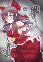 Rule 34 | 1girl, angry, arms behind back, ascot, bdsm, blush, bondage, bound, bound arms, bow, breasts, brown hair, clenched teeth, detached sleeves, hair bow, hair tubes, hakurei reimu, highres, large breasts, lilish, long hair, red eyes, ribbon, solo, sweat, teeth, text focus, touhou, toukan shibari mix, translation request, worried