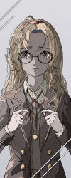 Rule 34 | 1girl, absurdres, ahoge, black-framed eyewear, blonde hair, brown eyes, brown jacket, brown vest, closed mouth, furrowed brow, glasses, grey background, hands up, highres, holding, holding ribbon, jacket, ligne claire, long hair, looking at viewer, melania (reverse:1999), natsugu72, neck ribbon, parted bangs, red ribbon, reverse:1999, ribbon, semi-circular eyewear, semi-rimless eyewear, shirt, solo, sparkle, suit jacket, upper body, vest, white shirt