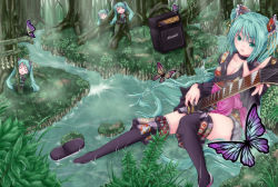 Rule 34 | 4girls, amplifier, aqua hair, bug, butterfly, chibi, choker, electric guitar, forest, green eyes, guitar, hachune miku, hatsune miku, highres, bug, instrument, japanese clothes, long hair, marshall, multiple girls, nature, plectrum, shoes, single shoe, sitting, skirt, thighhighs, tree, tsukineko, twintails, very long hair, vocaloid, water, wet, wet clothes