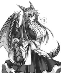 Rule 34 | 1girl, alternate costume, animal hands, apron, blush, breasts, dragon, dragon (monster girl encyclopedia), dragon girl, enmaided, frills, greyscale, highres, horns, large breasts, long hair, looking at viewer, maid, maid apron, monochrome, monster girl, monster girl encyclopedia, open mouth, sanmoto gorouzaemon, scales, skirt, solo, tail, wings
