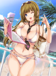 Rule 34 | 1girl, bag, bangle, beach, between breasts, bikini, blue eyes, blush, bracelet, breasts, brown hair, cleavage, computer, day, earrings, highres, jewelry, laptop, large breasts, long hair, monety, necklace, necktie, necktie between breasts, one eye closed, open mouth, original, shawl, shoulder bag, smile, solo, sunglasses, swimsuit, white bikini