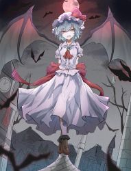 Rule 34 | 1girl, arms behind back, bat (animal), bat wings, blue hair, boots, bow, brooch, brown footwear, dress, frilled shirt, frilled shirt collar, frilled sleeves, frills, from below, hat, hat ribbon, hegata (hegatia lapis), highres, jewelry, mob cap, moon, puffy short sleeves, puffy sleeves, red bow, red eyes, red moon, red ribbon, remilia scarlet, ribbon, ribbon trim, scarlet devil mansion, shirt, short hair, short sleeves, solo, embodiment of scarlet devil, touhou, white dress, wings