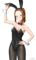Rule 34 | 1girl, absurdres, animal ears, black leotard, black pantyhose, bow, bowtie, breasts, brown eyes, brown hair, cleavage, cowboy shot, detached collar, grin, hand on own hip, highres, komi-san wa komyushou desu, leotard, long hair, onemine nene, pantyhose, playboy bunny, ponytail, rabbit ears, red bow, red bowtie, simple background, small breasts, smile, solo, strapless, strapless leotard, striped bow, striped bowtie, striped clothes, white background, wrist cuffs, yuhi (yuhi atb26)