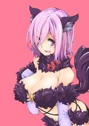 Rule 34 | 1girl, absurdres, animal ears, baron suzuki, blush, breasts, cleavage, elbow gloves, fate/grand order, fate (series), fur trim, gloves, hair over one eye, halloween costume, highres, large breasts, mash kyrielight, mash kyrielight (dangerous beast), navel, official alternate costume, open mouth, pink background, purple eyes, purple gloves, purple hair, short hair, simple background, smile, solo, tail, wolf ears, wolf tail