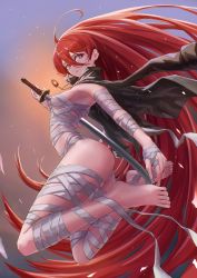 Rule 34 | 1girl, absurdly long hair, absurdres, ahoge, alastor (shakugan no shana), arched back, bandaged arm, bandaged leg, bandages, barefoot, breasts, floating hair, full body, hair between eyes, highres, holding, holding sword, holding weapon, katana, legs up, long hair, looking at viewer, naked bandage, parted lips, pavo543, red eyes, red hair, shakugan no shana, shana, small breasts, solo, sword, underboob, very long hair, weapon