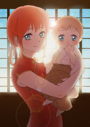 Rule 34 | 1boy, 1girl, absurdres, baby, blue eyes, braid, brown hair, carrying, child carry, chinese clothes, gintama, highres, if they mated, japanese clothes, kagura (gintama), long hair, mei (oklaomei), mother and son, orange hair, short hair