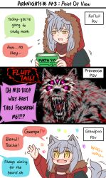 Rule 34 | 1girl, 3koma, afterimage, animal ear fluff, animal ears, arknights, book, brown scarf, brown shirt, comic, commentary, english commentary, english text, flying sweatdrops, fur-trimmed hood, fur trim, glowing, glowing eyes, grey hair, guin guin, hair between eyes, highres, holding, holding book, hood, hood up, hooded jacket, jacket, long sleeves, projekt red (arknights), purple eyes, red jacket, saliva, scarf, shirt, sweat, tail, tail wagging, wolf ears, wolf girl, wolf tail, yellow eyes