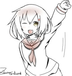Rule 34 | 10s, 1girl, arm up, collection, fang, ikazuchi (kancolle), kantai collection, lowres, one eye closed, open mouth, partially colored, signature, solo