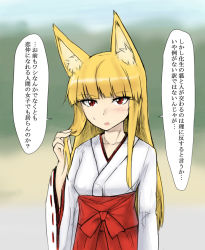 Rule 34 | 1girl, abubu, animal ears, blonde hair, fox ears, twirling hair, japanese clothes, long hair, miko, original, red eyes, solo, translation request