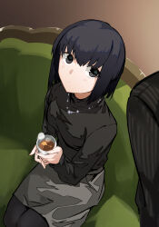 Rule 34 | 1boy, 1girl, black eyes, black hair, black shirt, chiizu ore, commentary request, couch, cup, grey skirt, highres, holding, holding cup, jewelry, kuonji alice, looking up, mahou tsukai no yoru, medium hair, necklace, pantyhose, shirt, shizuki soujuurou, sitting, skirt, teacup, turtleneck, type-moon