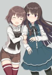 Rule 34 | 10s, 2girls, :d, ^ ^, arm hug, black hair, black legwear, black neckwear, blue shirt, blue skirt, blush, brown hair, brown shorts, buttons, casual, closed eyes, closed mouth, collared shirt, commentary request, cowboy shot, etou kanami, grey background, hair ornament, juujou hiyori, layered skirt, long hair, long sleeves, looking at another, multiple girls, neck ribbon, nose piercing, open mouth, pera, piercing, red eyes, red legwear, ribbed sweater, ribbon, shirt, short hair, shorts, side-by-side, simple background, skirt, skirt set, sleeves past wrists, smile, spaghetti strap, striped clothes, striped legwear, striped thighhighs, sweater, thighhighs, toji no miko, vest, white shirt, white sweater, wing collar