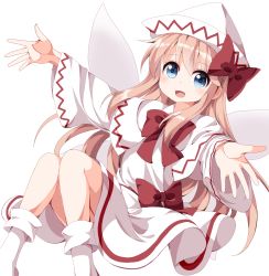 Rule 34 | 1girl, :d, blonde hair, blue eyes, blush, bow, capelet, dress, fairy, fairy wings, hair bow, hat, lily white, long hair, long sleeves, looking at viewer, open hands, open mouth, outstretched arms, ribbon, ruu (tksymkw), simple background, smile, solo, spread arms, touhou, very long hair, white background, white dress, wide sleeves, wings