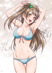 Rule 34 | 1girl, absurdres, armpits, arms up, bikini, bow, breasts, brown hair, character name, cleavage, collarbone, covered erect nipples, cowboy shot, diagonal stripes, floating hair, front-tie bikini top, front-tie top, gluteal fold, green bow, grey background, groin, hair bow, halterneck, highres, long hair, love live!, love live! school idol project, medium breasts, minami kotori, nanno koto, navel, page number, polka dot, polka dot bikini, ribbon, shiny skin, side ponytail, solo, standing, striped, striped background, swimsuit, thigh gap, very long hair, white ribbon