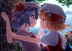 Rule 34 | 2girls, absurdres, backlighting, bat wings, blonde hair, blurry, blurry background, brick wall, closed mouth, crystal, depth of field, eye contact, flandre scarlet, flat chest, flower, from side, grabbing another&#039;s arm, half-closed eyes, hat, highres, incest, light smile, looking at another, mob cap, mountainous horizon, multiple girls, profile, purple hair, red eyes, red flower, red rose, reito (lyra-yasao-0628), remilia scarlet, rose, short hair, siblings, sisters, surprised, touhou, water, wings, yuri