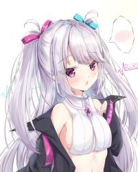 Rule 34 | 1girl, :o, bare shoulders, black coat, breasts, character name, coat, crop top, hair ribbon, hand up, highres, indie virtual youtuber, kei (limitedgirl), lightning bolt symbol, long hair, long sleeves, looking at viewer, navel, no bra, off shoulder, open clothes, open coat, open mouth, otomata ruka, pink eyes, ribbon, sideboob, sidelocks, silver hair, sleeveless, sleeves past wrists, solo, spoken blush, stomach, two side up, upper body, virtual youtuber, white background, wing collar