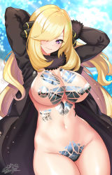 Rule 34 | 1girl, absurdres, arms behind head, arms up, black coat, blonde hair, blush, breasts, coat, covered erect nipples, creatures (company), cynthia (pokemon), fur trim, game freak, hair ornament, hair over one eye, highres, large breasts, long hair, long sleeves, looking at viewer, navel, nez-box, nintendo, pokemon, pokemon dppt, purple eyes, smile, solo, very long hair