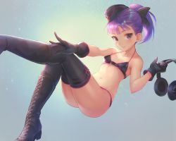 Rule 34 | 1girl, bikini, boots, breasts, commentary request, cross-laced footwear, fate/grand order, fate (series), garrison cap, gloves, gradient background, hair between eyes, hair ribbon, hat, headphones, helena blavatsky (fate), helena blavatsky (swimsuit archer) (fate), helena blavatsky (swimsuit archer) (third ascension) (fate), highres, lace-up boots, long hair, military hat, navel, otsukemono, ponytail, purple eyes, purple hair, ribbon, short hair, small breasts, smile, solo, swimsuit, thighhighs