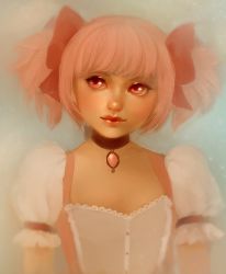 Rule 34 | 10s, 1girl, bow, choker, frilled sleeves, frills, hair bow, hair ribbon, jewelry, kaname madoka, lips, magical girl, mahou shoujo madoka magica, mahou shoujo madoka magica (anime), nose, pink eyes, pink hair, puffy short sleeves, puffy sleeves, ribbon, sam gushue, short sleeves, short twintails, simple background, solo, twintails, upper body