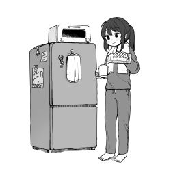 Rule 34 | 1girl, barefoot, commentary, greyscale, milk carton, monochrome, original, oven, pants, ponytail, pouring, refrigerator, solo, sweatpants, towel, towel around neck, white background, yomoi nui