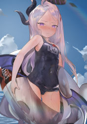 Rule 34 | 1girl, armpits, black one-piece swimsuit, blue archive, blue sky, blue wings, blush, breasts, cloud, commentary request, day, foreshortening, highres, hina (blue archive), hina (swimsuit) (blue archive), horns, innertube, long hair, looking at viewer, low wings, multiple horns, name tag, nose blush, nuda, old school swimsuit, one-piece swimsuit, outdoors, parted bangs, parted lips, purple eyes, school swimsuit, silver hair, sky, small breasts, solo, standing, sweat, swim ring, swimsuit, transparent, very long hair, water, whistle, whistle around neck, wings