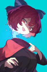 Rule 34 | 1girl, absurdres, black shirt, blue background, blue bow, bow, cape, disembodied head, garasuno, hair bow, highres, long sleeves, open mouth, red cape, red eyes, red hair, sekibanki, shaded face, shirt, short hair, simple background, smile, solo, tongue, tongue out, touhou, upper body