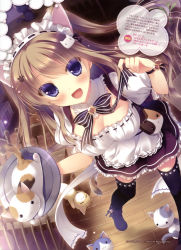 Rule 34 | 1girl, :&lt;, :3, :d, absurdres, animal ears, bell, black thighhighs, breasts, brown hair, cat, cat ears, cat hair ornament, cat tail, chair, cleavage, closed eyes, detached collar, fang, hair ornament, hairclip, highres, jingle bell, legs, maid headdress, nekomori mike, nyan cafe macchiato, open mouth, paw print, puffy short sleeves, puffy sleeves, purple eyes, ribbon, shoes, short sleeves, smile, table, tail, thighhighs, two side up, waitress, wooden floor, wrist ribbon, yukie (peach candy)