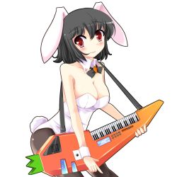 Rule 34 | 1girl, alternate breast size, animal ears, artist request, black hair, black pantyhose, blush, bow, bowtie, breasts, carrot, cleavage, detached collar, guitar, inaba tewi, instrument, keytar, large breasts, leotard, looking at viewer, pantyhose, playboy bunny, rabbit ears, rabbit tail, red eyes, short hair, smile, solo, tail, touhou, transparent background, wrist cuffs