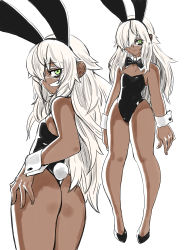 Rule 34 | 1girl, absurdres, animal ears, ass, bad id, bad twitter id, bare legs, black footwear, black neckwear, borrowed character, bow, bowtie, commentary request, cuffs, dark skin, detached collar, eyepatch, fake animal ears, flat chest, green eyes, hairband, highres, leotard, long hair, looking at viewer, multiple views, original, playboy bunny, rabbit ears, rabbit tail, smirk, tail, toshinoshin, very long hair, white hair
