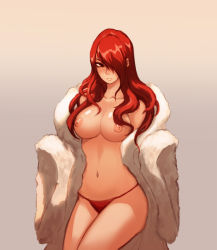 Rule 34 | 1girl, bad id, bad pixiv id, breasts, coat, collarbone, curvy, expressionless, female focus, fur coat, gradient background, hair over breasts, hair over one eye, hair over shoulder, hip focus, kirijou mitsuru, large breasts, lips, long hair, long sleeves, naked coat, naked coat, navel, nipples, nose, off shoulder, open clothes, open coat, panties, panties only, persona, persona 3, persona 4: the ultimate in mayonaka arena, purple background, red eyes, red hair, red panties, shanabi, shiny skin, simple background, solo, stomach, thighs, thong, topless, underwear