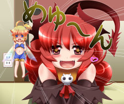 Rule 34 | + +, 2girls, ahoge, barefoot, blonde hair, blue eyes, blush, borrowed character, crossover, demon girl, demon horns, demon tail, elbow gloves, emphasis lines, fairy, fairy wings, fangs, flat chest, gloves, horns, long hair, maou beluzel, meyuu (kso), midriff, mini person, minigirl, miso panda, multiple girls, navel, open mouth, original, pigeon-toed, pointy ears, red eyes, red hair, side ponytail, tail, v arms, wings, yuusha to maou