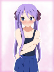 Rule 34 | 00s, 1girl, blue eyes, blush, breasts squeezed together, breasts, cleavage, collarbone, covering privates, embarrassed, face, hair ribbon, hiiragi kagami, ikari manatsu, long hair, lucky star, no shirt, one-piece swimsuit, pleated skirt, purple hair, ribbon, school swimsuit, school uniform, skirt, small breasts, solo, swimsuit, swimsuit under clothes, tsurime, twintails, undressing