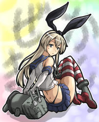 Rule 34 | 10s, 19 (diske), 1girl, :o, arms behind back, blonde hair, blue eyes, butt crack, elbow gloves, flat chest, gloves, hairband, high heels, highres, kantai collection, long hair, looking back, miniskirt, rensouhou-chan, rudder footwear, shimakaze (kancolle), sitting, skindentation, skirt, solo, striped clothes, striped thighhighs, thighhighs, thong, zettai ryouiki