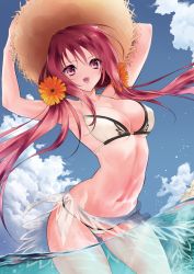 Rule 34 | 1girl, :d, arched back, armpits, bikini, breasts, cloud, contrapposto, day, covered erect nipples, flower, hair flower, hair ornament, hat, highres, jako (toyprn), long hair, looking at viewer, medium breasts, nanaly fletch, navel, ocean, open mouth, orange flower, outdoors, partially submerged, purple eyes, purple hair, sarong, sky, smile, solo, stomach, straw hat, swimsuit, tales of (series), tales of destiny 2, twintails, very long hair, wading, water, wet, white bikini