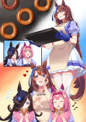 Rule 34 | 3girls, :d, ^ ^, absurdres, animal ears, apron, baking sheet, bib, black hair, black headwear, blouse, blue eyes, blue flower, blue rose, blue shirt, blush, bow, braid, breasts, brown apron, brown hair, closed eyes, closed mouth, clothes writing, collarbone, commentary request, ear bow, eating, eighth note, flower, flying sweatdrops, food, frilled skirt, frills, hair over one eye, hand on own face, hands up, haru urara (umamusume), hat, hat flower, heart, hiememiko, highres, holding, holding food, horse ears, horse girl, horse tail, long hair, medium breasts, multiple girls, musical note, nose blush, open mouth, oven mitts, pink hair, pleated skirt, ponytail, puffy short sleeves, puffy sleeves, purple eyes, purple shirt, rice shower (umamusume), rose, school uniform, shirt, short sleeves, single braid, skirt, smile, super creek (umamusume), tail, teeth, thighhighs, tilted headwear, tracen school uniform, trembling, umamusume, upper teeth only, very long hair, white bow, white skirt, white thighhighs