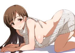 Rule 34 | 10s, 1girl, absurdres, all fours, aran sweater, ass, backless dress, backless outfit, bare back, breasts, brown eyes, brown hair, cable knit, dress, halterneck, hanging breasts, highres, idolmaster, idolmaster cinderella girls, inue shinsuke, long hair, medium breasts, meme attire, naked sweater, nitta minami, ribbed sweater, sideboob, smile, solo, sweater, sweater dress, turtleneck, virgin killer sweater