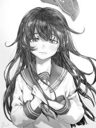 Rule 34 | 1girl, akatsuki (kancolle), anchor symbol, commentary request, flat cap, greyscale, hair between eyes, hands on own chest, hat, unworn hat, unworn headwear, highres, kantai collection, long hair, long sleeves, looking at viewer, monochrome, neckerchief, own hands together, parted lips, school uniform, serafuku, shiba itsuki, signature, simple background, sketch, solo, twitter username, upper body