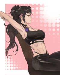 Rule 34 | 1girl, absurdres, armpits, arms up, bare arms, bare shoulders, black choker, black hair, black pants, black shirt, breasts, choker, commission, crop top, from side, headband, highleg, highres, kirr rr, long hair, medium breasts, midriff, nail polish, navel, nero (shirone), original, pants, profile, red eyes, second-party source, shirt, sitting, sleeveless, sleeveless shirt, solo, stomach, stretching, two side up, wavy hair