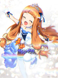 Rule 34 | 10s, 1girl, :d, ^ ^, bare shoulders, blunt bangs, blush, brown hair, chromatic aberration, closed eyes, detached collar, dress, gloves, hair ribbon, ichihara nina, idolmaster, idolmaster cinderella girls, idolmaster cinderella girls starlight stage, long hair, mizuki makoto, open mouth, outstretched arms, ribbon, smile, solo, spread arms, thighhighs, tiara, white dress, white gloves, white thighhighs