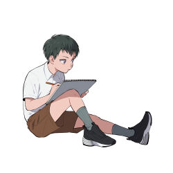Rule 34 | 1boy, black eyes, black hair, brown shorts, commentary request, drawing, full body, highres, male focus, original, polo shirt, shirt, shoes, shorts, sketchbook, sneakers, solo, white shirt, yonchi