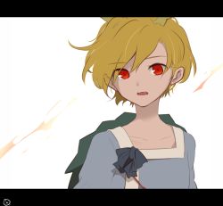 Rule 34 | 1girl, blonde hair, blue shirt, commentary request, dragon horns, horns, kicchou yachie, letterboxed, looking at viewer, open mouth, red eyes, shikushiku (amamori weekly), shirt, short hair, simple background, slit pupils, solo, touhou, turtle shell, upper body, white background