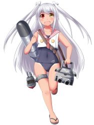 Rule 34 | 10s, 1girl, :d, hair ribbon, heterochromia, kantai collection, long hair, looking at viewer, machinery, one-piece swimsuit, open mouth, original, ribbon, school swimsuit, school uniform, serafuku, smile, solo, swimsuit, swimsuit under clothes, torpedo, translation request, turret, two side up, very long hair, white hair, yukimi unagi