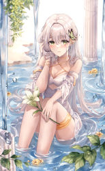 Rule 34 | 1girl, absurdres, backlighting, blurry, blurry background, blush, breasts, cleavage, detached sleeves, dress, elf, flower, gold choker, green eyes, grey hair, hand on own face, highres, holding, holding hair, leaf, lily (flower), long hair, looking at viewer, medium breasts, open mouth, original, partially submerged, pippin (pippin sol), pointy ears, sitting, smile, solo, tree, very long hair, water, water drop, waterfall, white dress, white sleeves, wide sleeves
