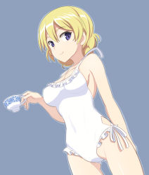 Rule 34 | 10s, 1girl, blonde hair, blue eyes, braid, breasts, casual one-piece swimsuit, cup, darjeeling (girls und panzer), drink, frilled swimsuit, frills, girls und panzer, highres, looking at viewer, nanashino, one-piece swimsuit, purple eyes, side-tie swimsuit, smile, solo, swimsuit, teacup, thigh gap, thighs, white one-piece swimsuit