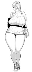 Rule 34 | 1girl, bad id, bad pixiv id, breasts, curvy, full body, glasses, greyscale, highres, huge breasts, long hair, mole, mole under eye, monochrome, original, plump, profile, ribbed sweater, shoes, short shorts, shorts, simple background, sneakers, solo, standing, sweater, synecdoche, thick thighs, thighs, white background