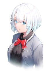 Rule 34 | 1girl, absurdres, black shirt, blue eyes, bow, bowtie, breasts, closed mouth, collared shirt, commentary request, cropped torso, grey jacket, hair ornament, hairclip, highres, jacket, long sleeves, looking at viewer, m.tokotsu, open clothes, open jacket, red bow, red bowtie, school uniform, shirt, short hair, siesta (tantei wa mou shindeiru), simple background, solo, tantei wa mou shindeiru, upper body, white background, white hair, x hair ornament